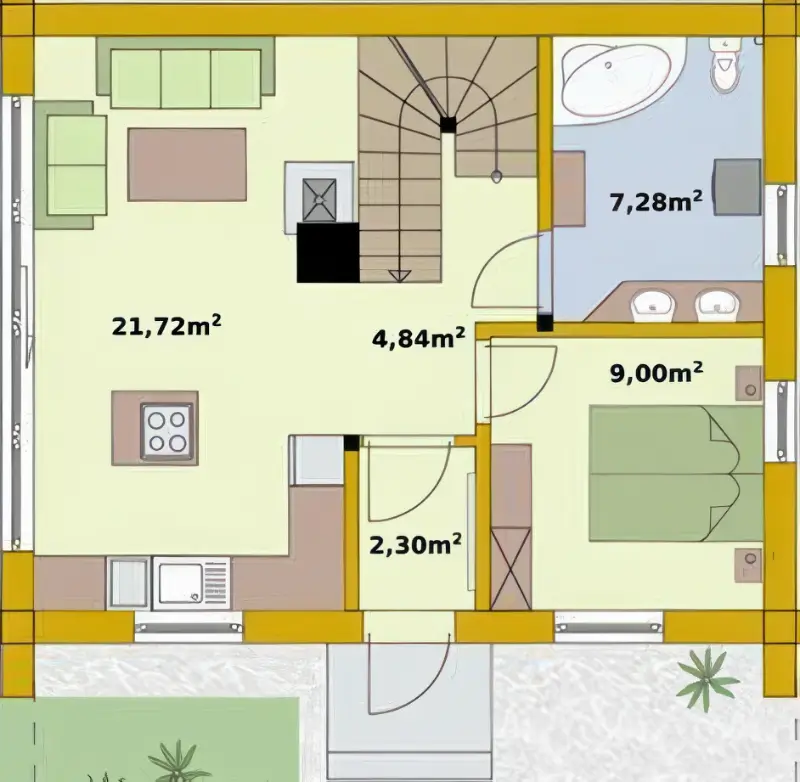 Flacher 2D-Grundriss mit Quadratmeterangaben, Wohnbereich, Bad und Schlafzimmer