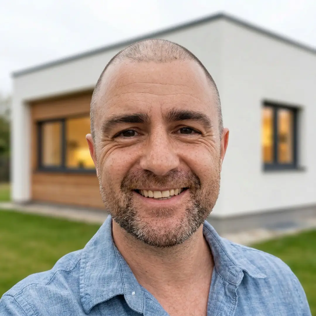 Alexander Hafezi vor einem Bungalow mit Flachdach