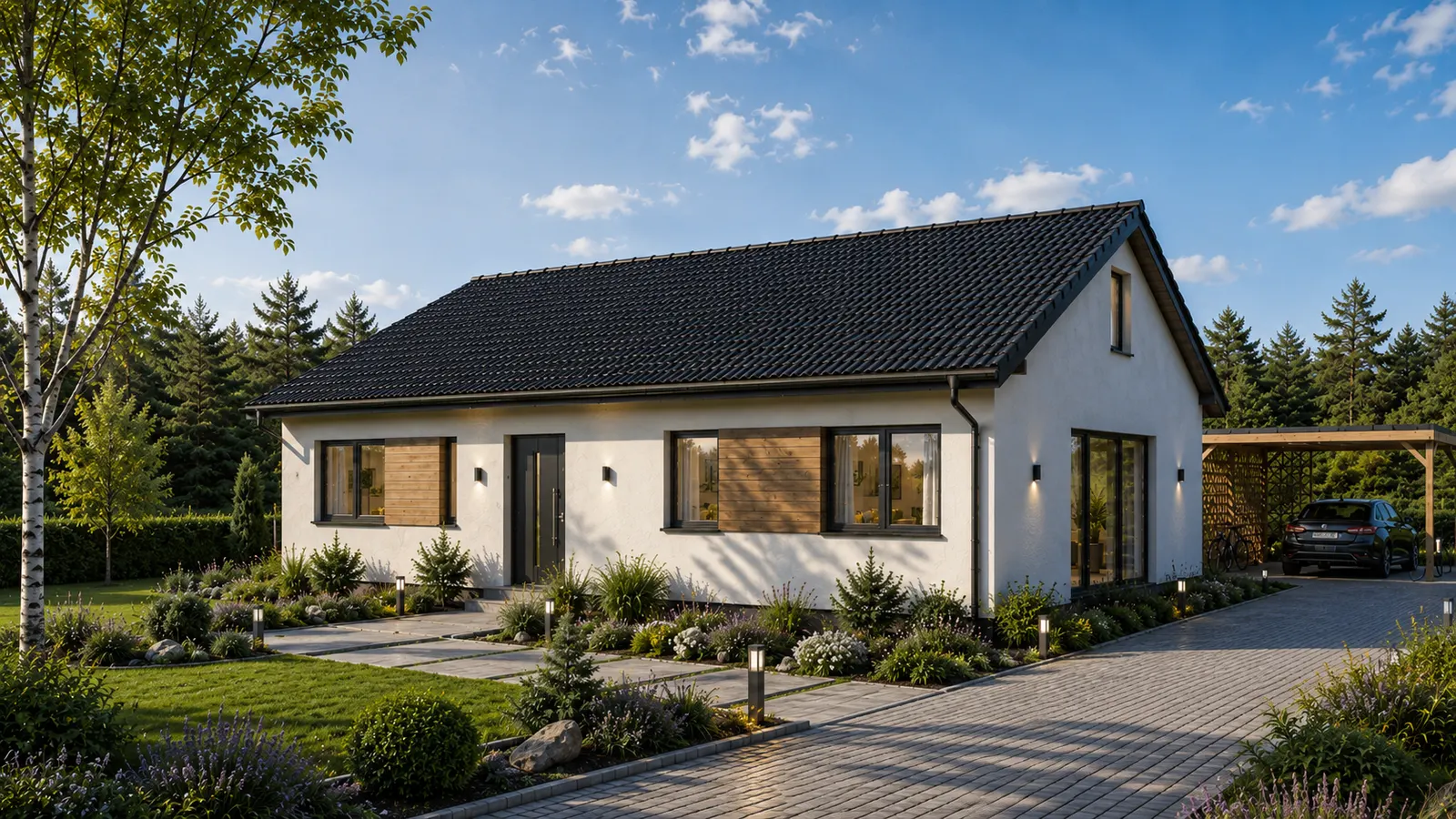 Bungalow Fiora 96 Eingangsseite mit Satteldach und Carport