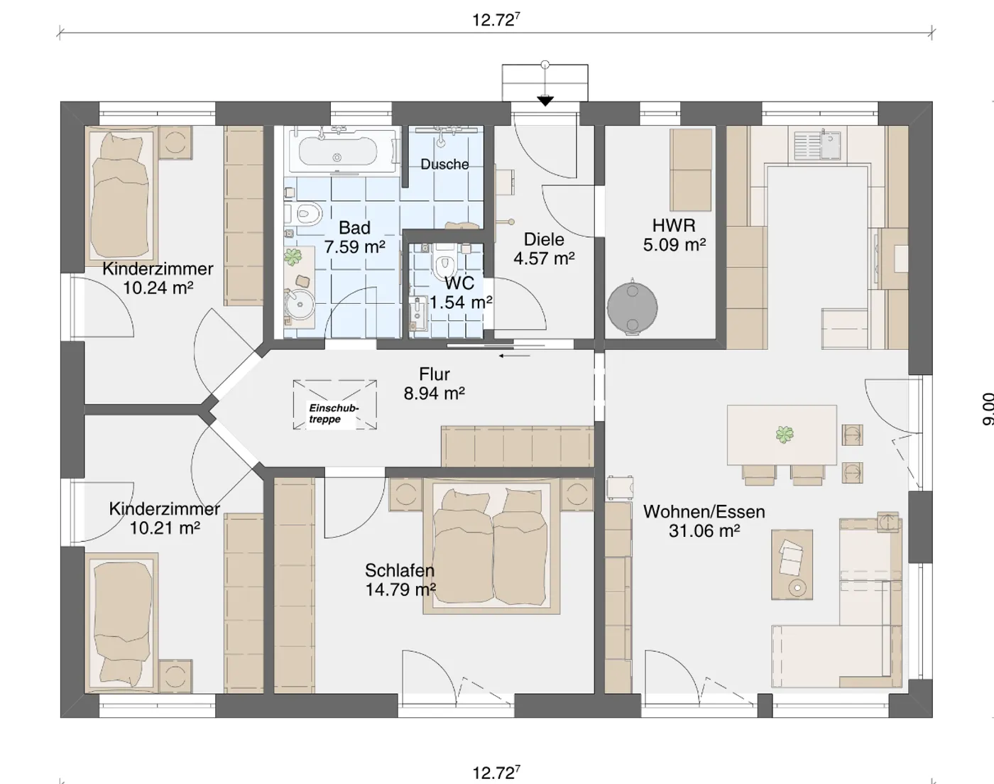 Grundriss Bungalow Fiora 96 Erdgeschoss mit Wohnen/Essen 31 m², drei Schlafzimmern, Bad, WC und HWR