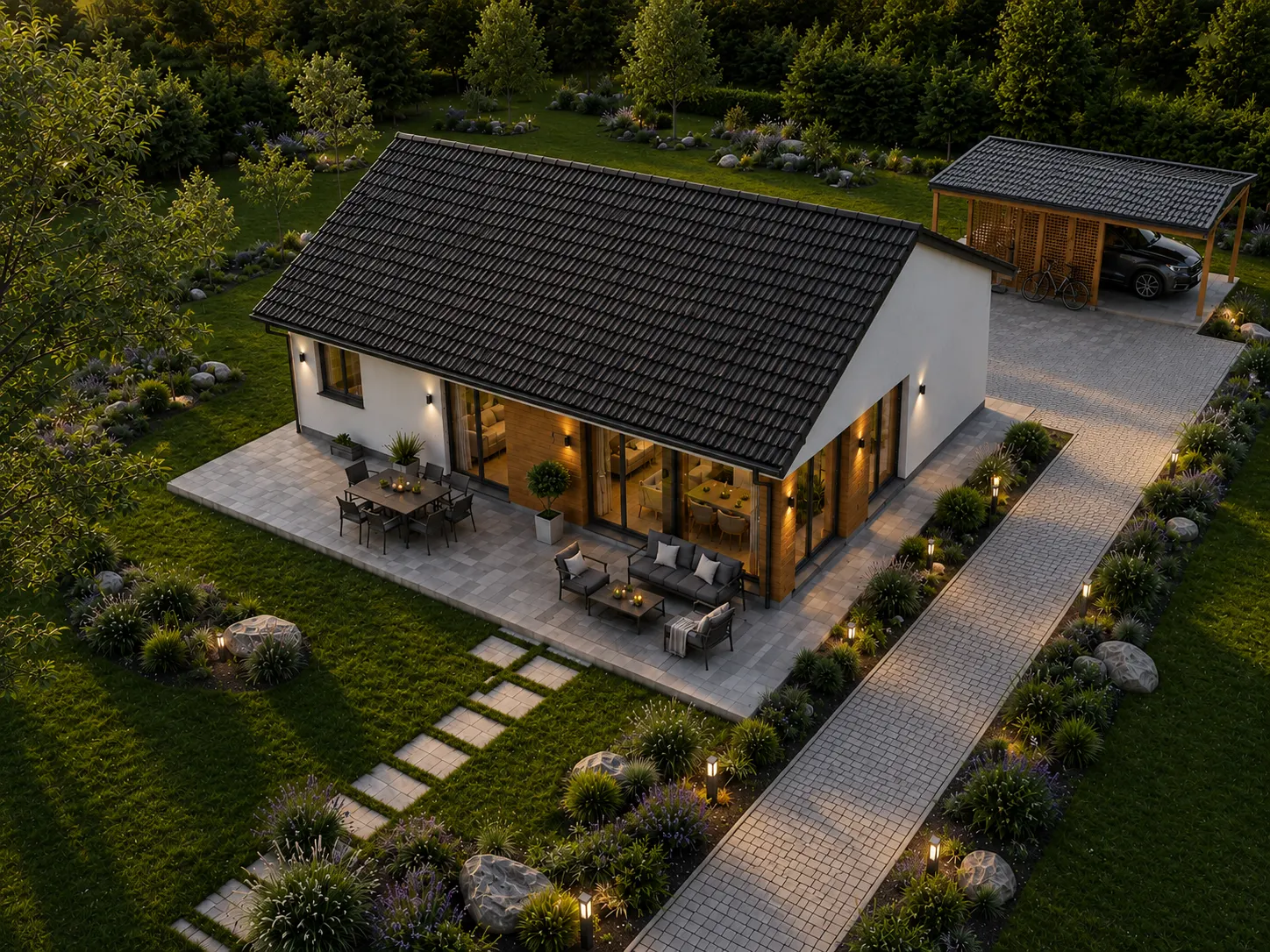 Bungalow Fiora 96 aus der Vogelperspektive am Abend mit Terrasse und Carport