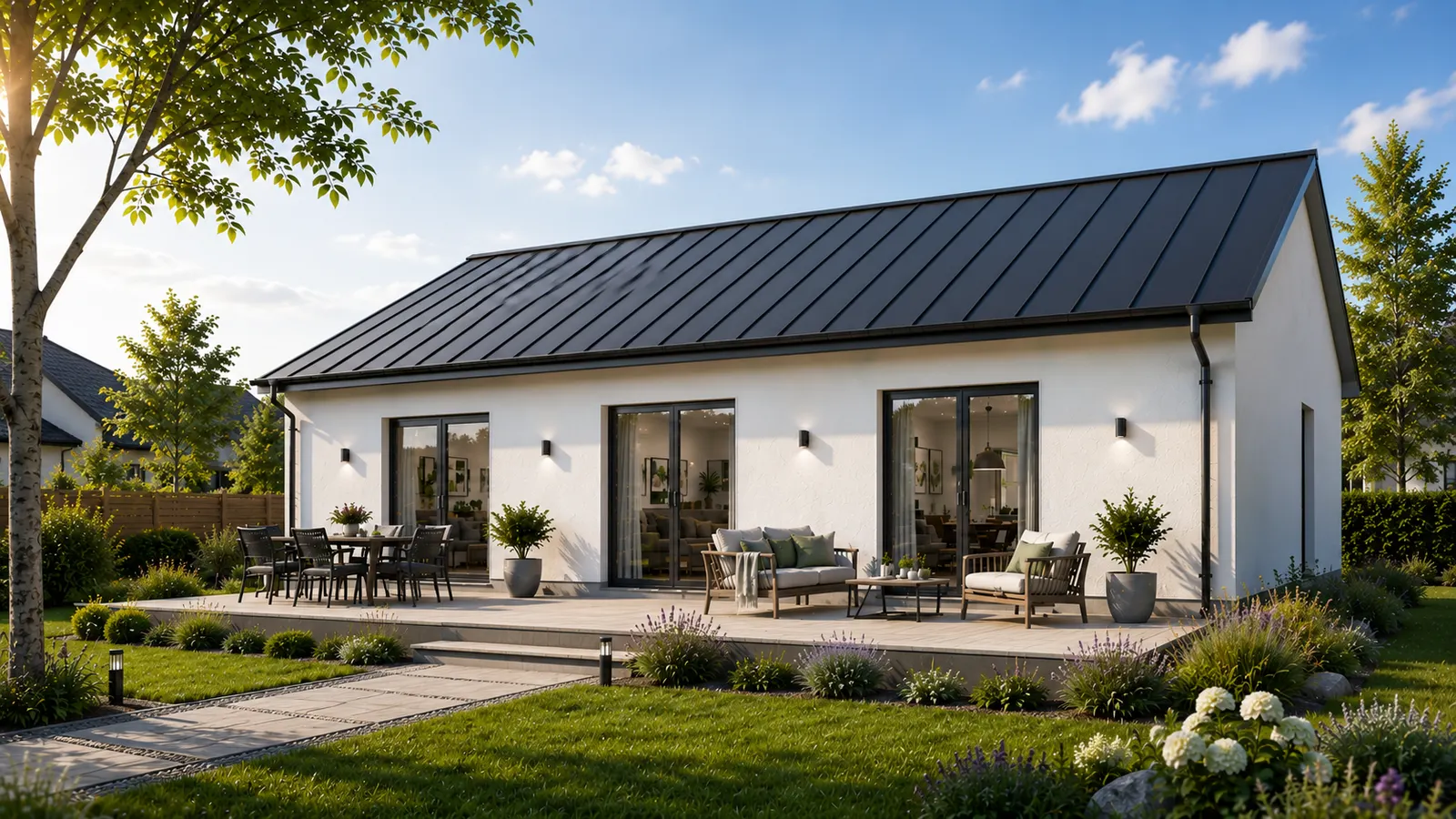 Bungalow Solis 80 Gartenseite mit Terrasse und Fenstertüren