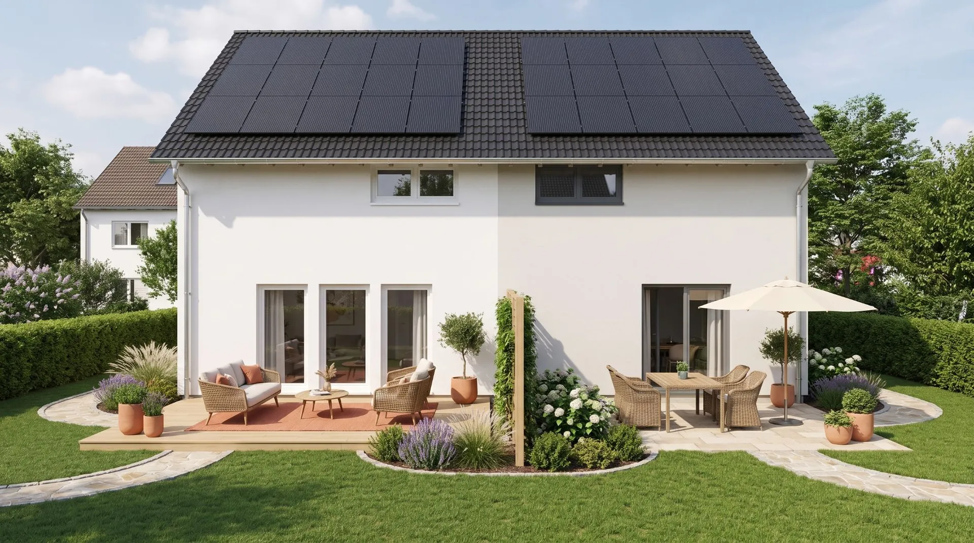 Doppelhaus Gemina 120 Gartenseite mit Terrassen und Photovoltaik