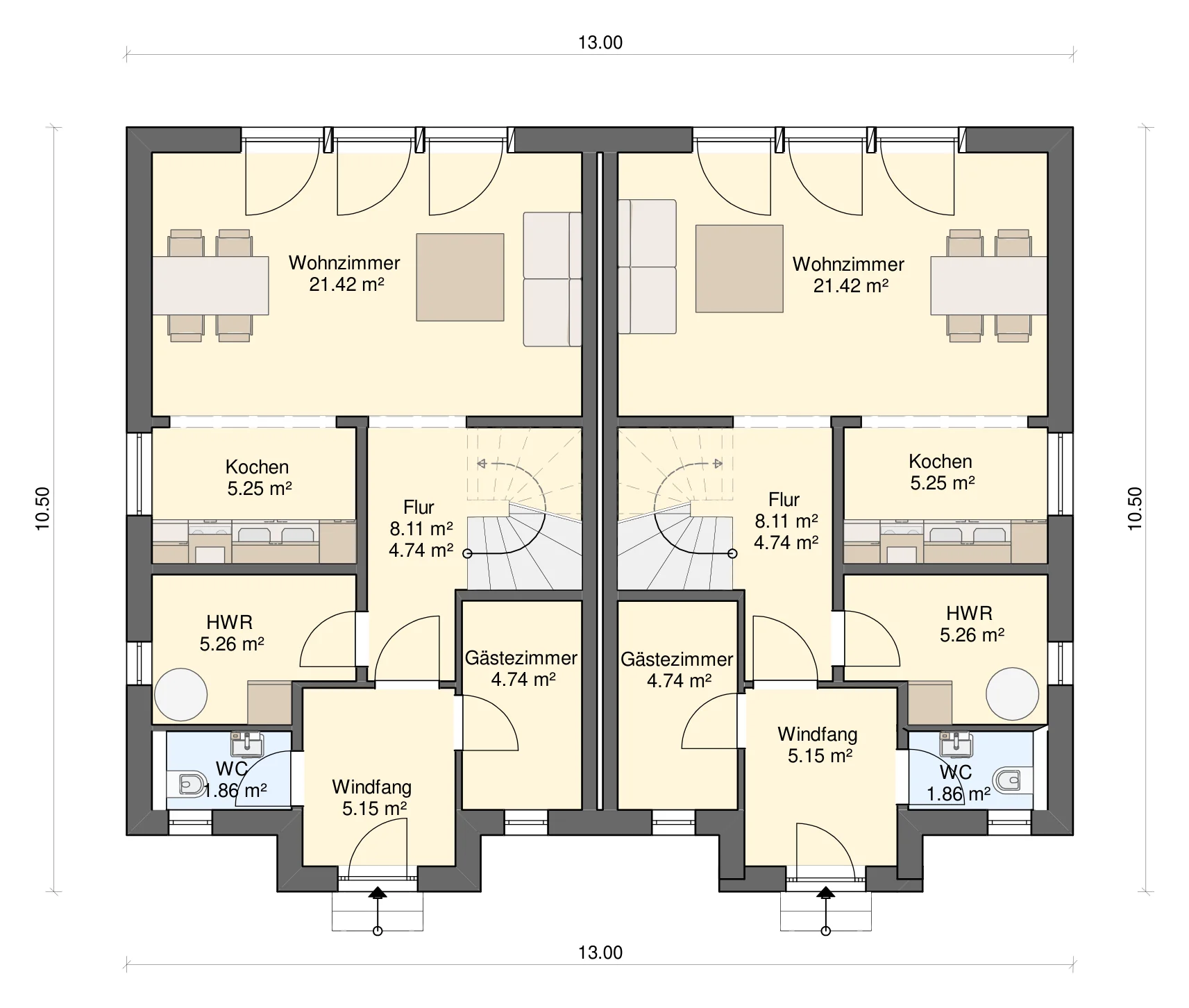 Grundriss Doppelhaus Gemina 120 Erdgeschoss (beide Hälften)