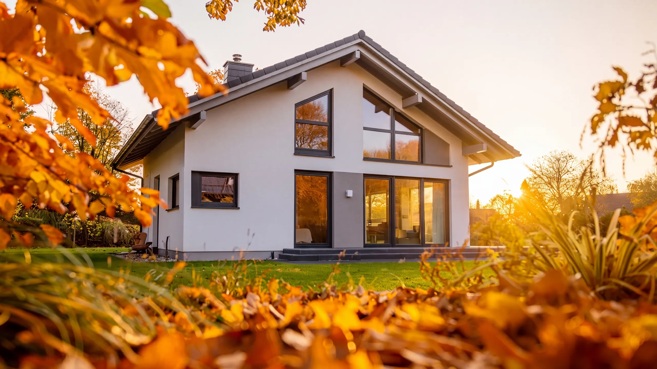 Einfamilienhaus mit Satteldach im Herbstlicht