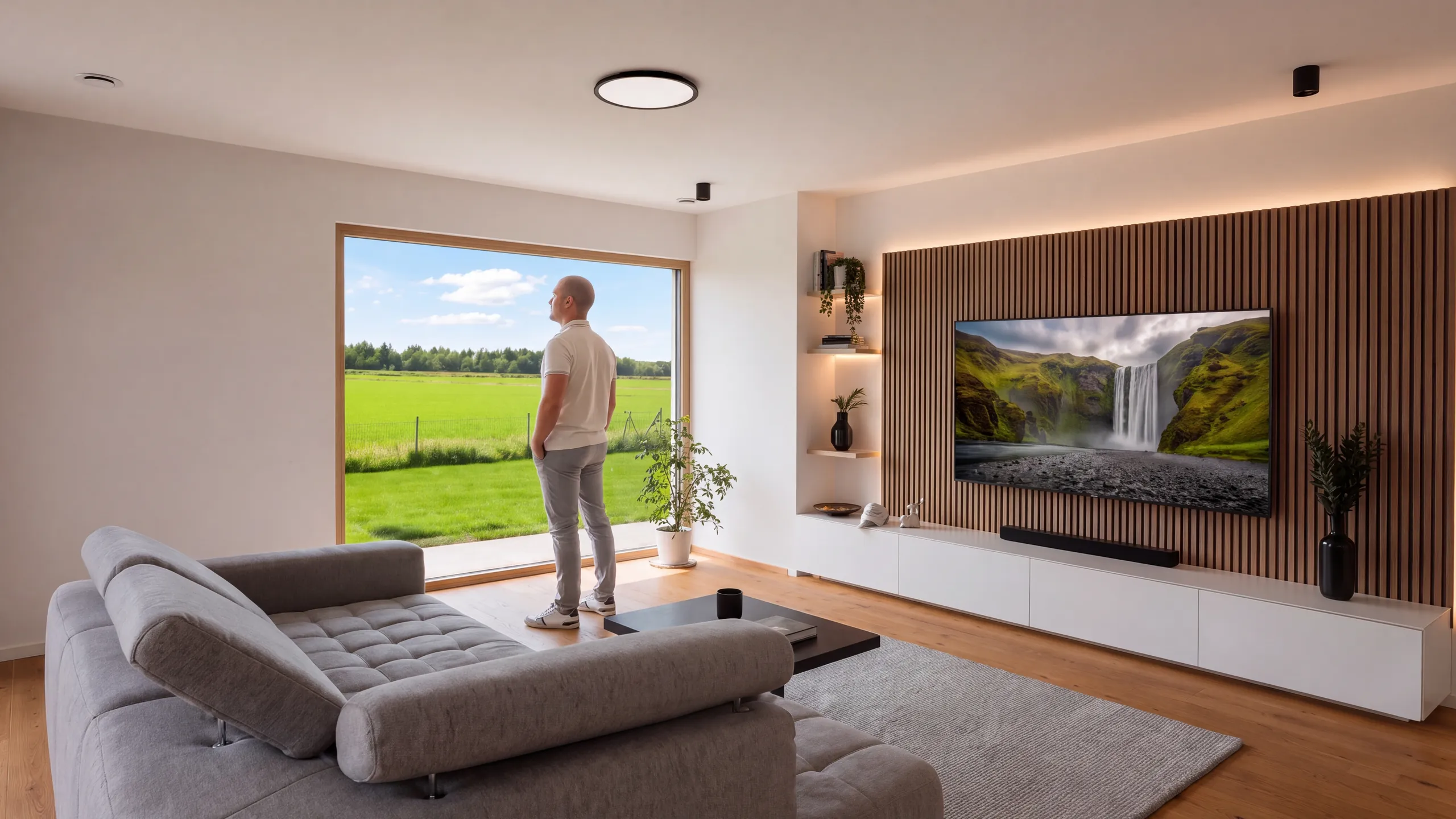 Helles Wohnzimmer mit Holzboden und großem Fenster
