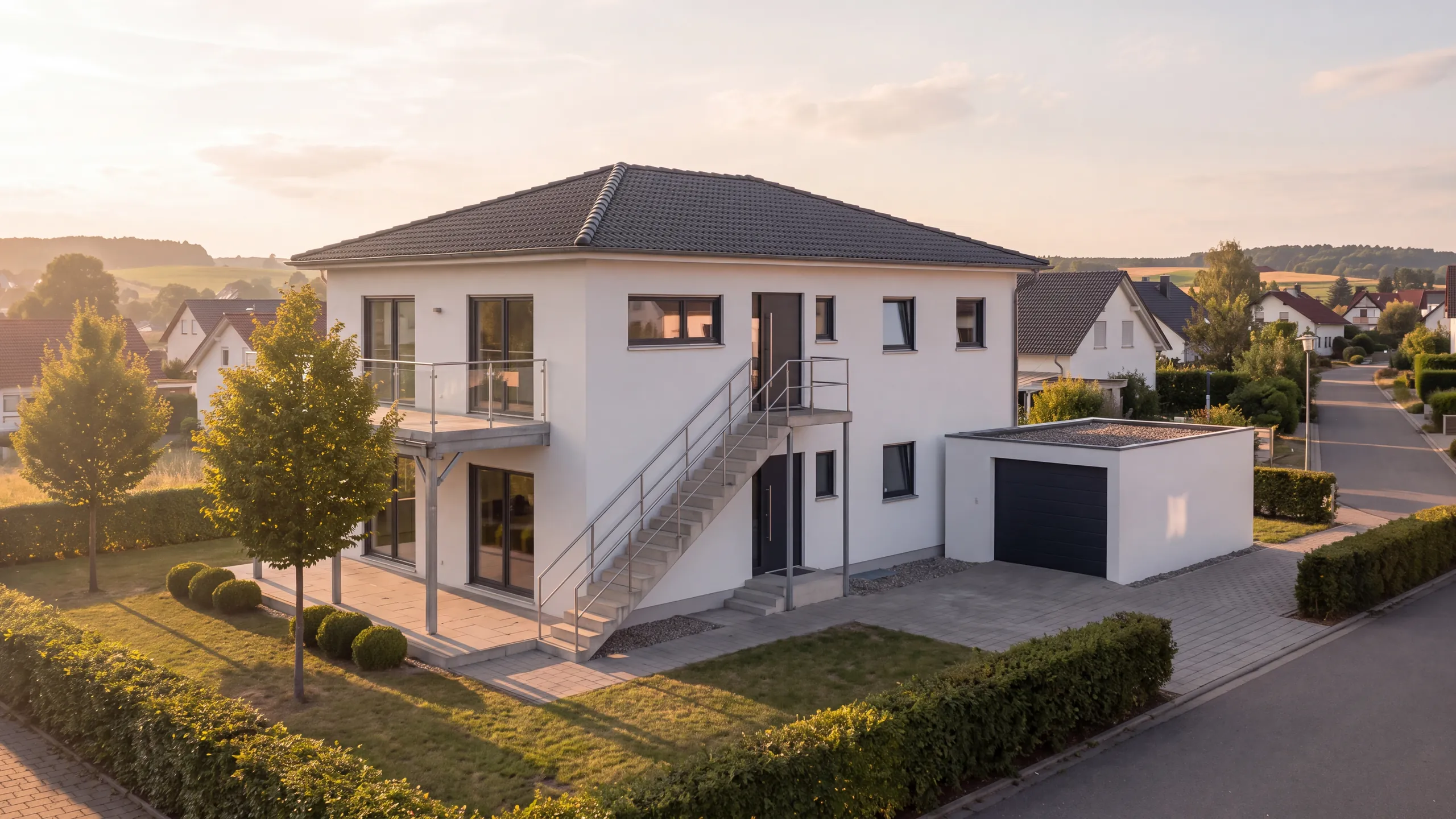 Zweifamilienhaus mit Außentreppe und Garage