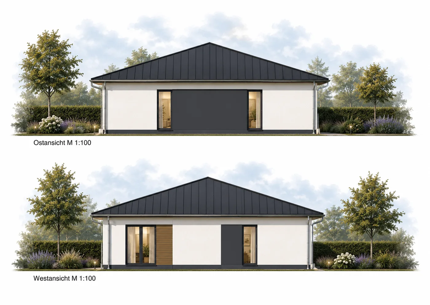 Walmdach-Bungalow Quadra 127 Ansichten Ost und West